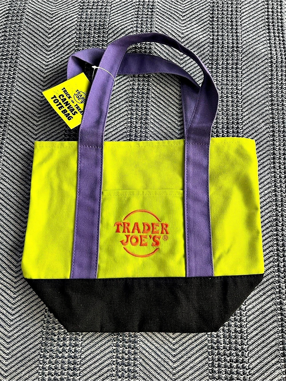 Trader Joe's Trick-or-Treat Mini Canvas Tote Bag Green & Purple